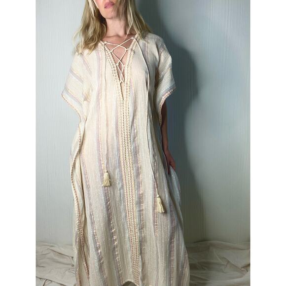 Z&L Golden Slumbers Metallic Stripe Cotton Kaftan Dress NWT US MEDIUM/LARGE - Picture 2 of 16